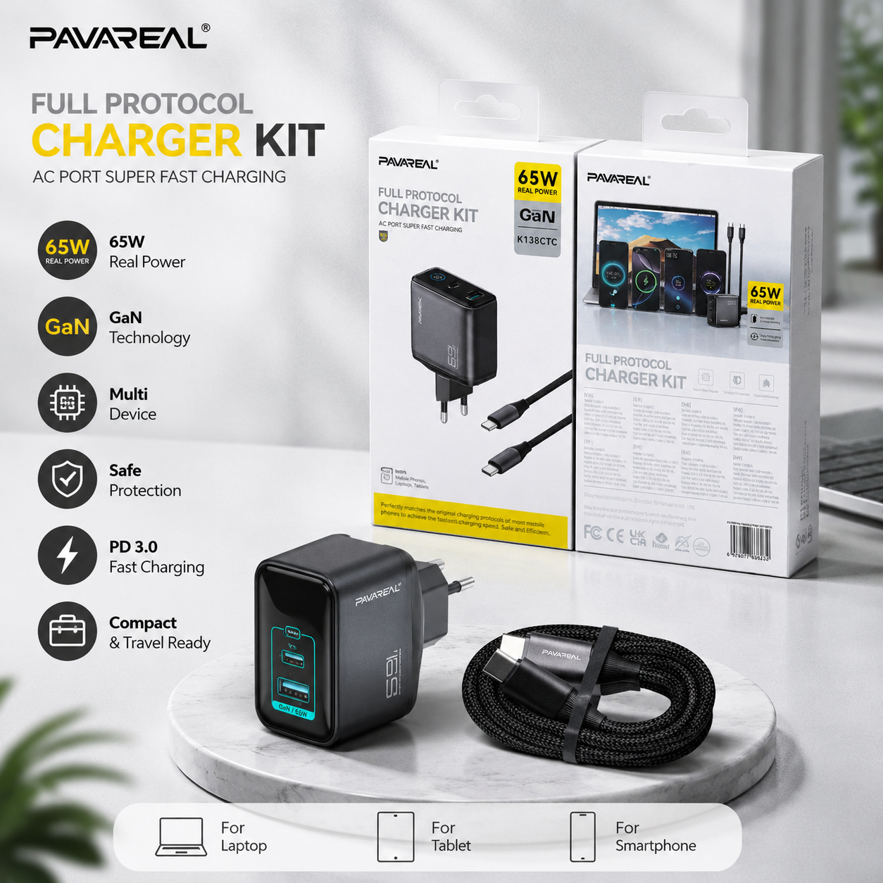 CHARGER PAVAREAL K138 65W GAN + DISPLAY C+C