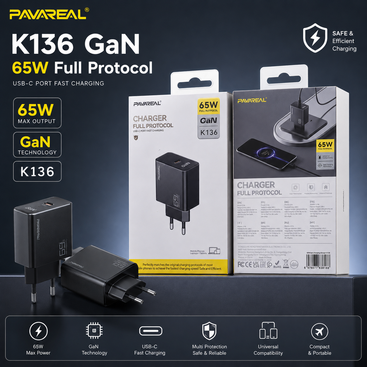 BATOK CHARGER PAVAREAL K136 65W GAN