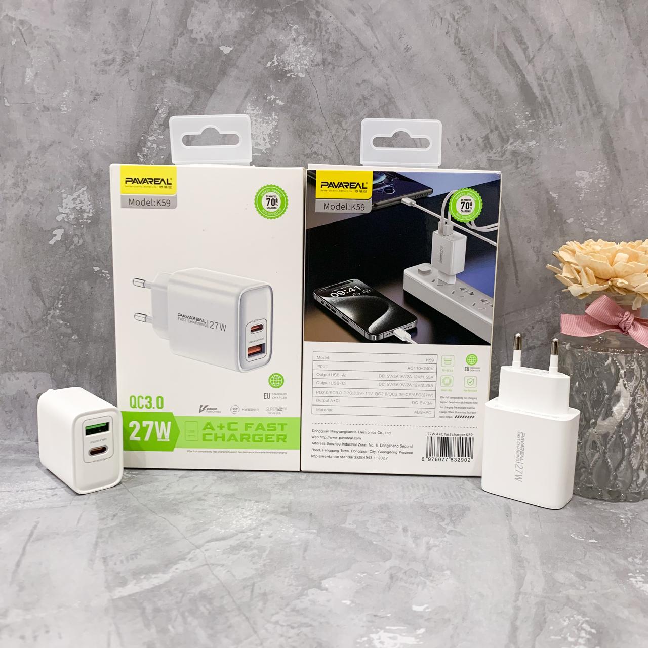 BATOK CHARGER PAVAREAL K59 USB A+C PD 27W