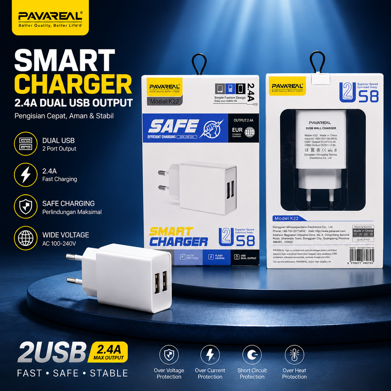 BATOK CHARGER PAVAREAL K22 2 USB