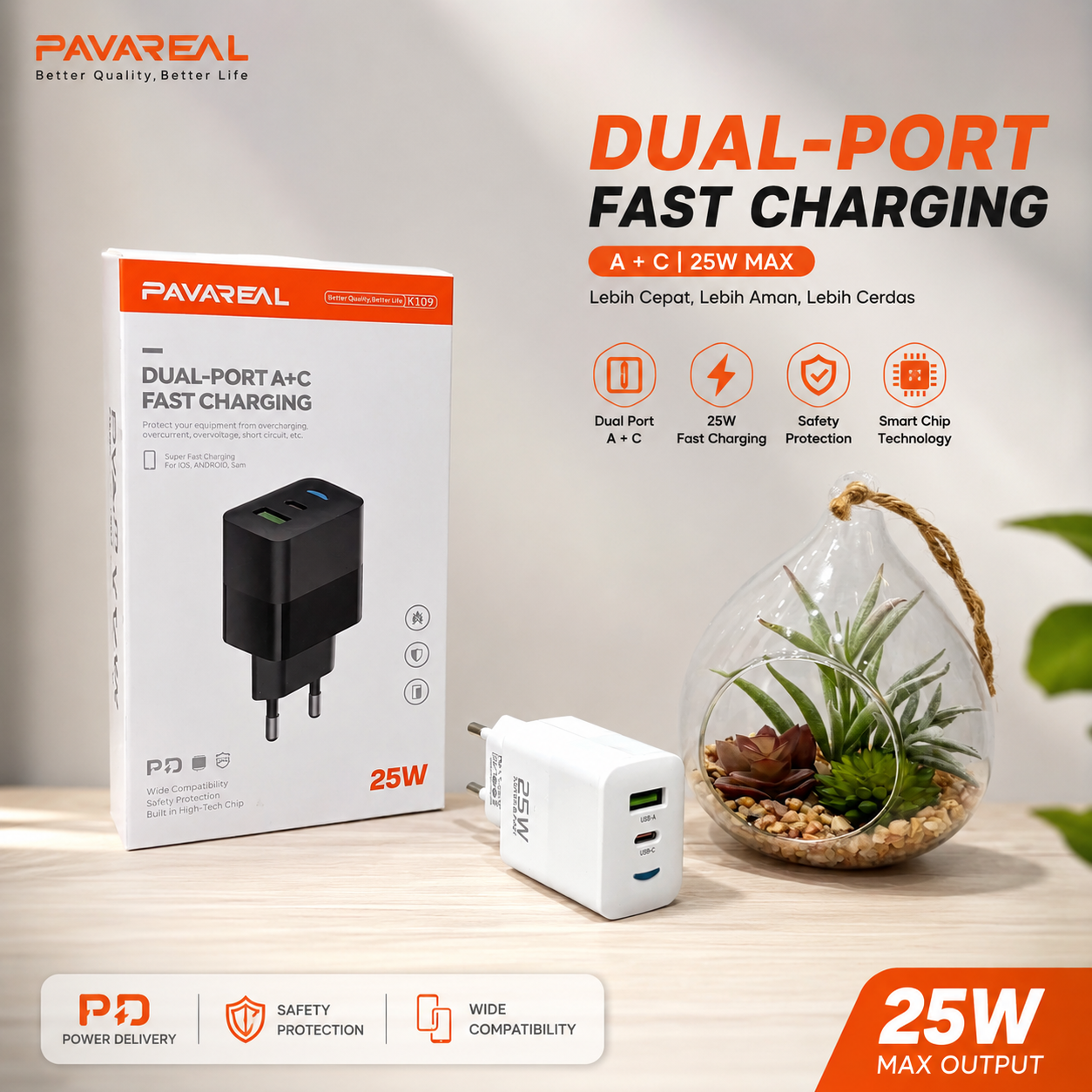 BATOK CHARGER PAVAREAL K109 USB A+C 25W
