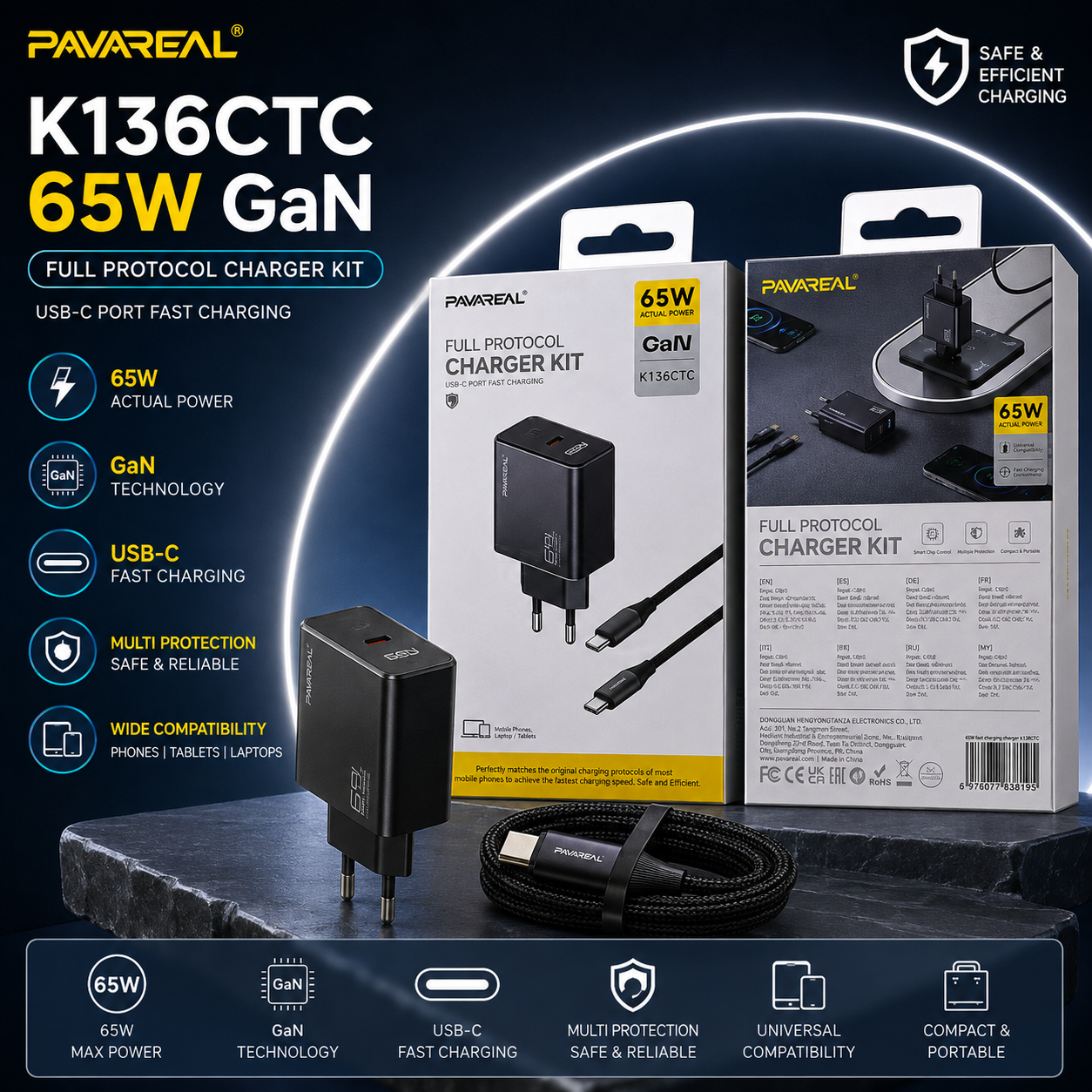 CHARGER PAVAREAL K136 65W GAN C TO C
